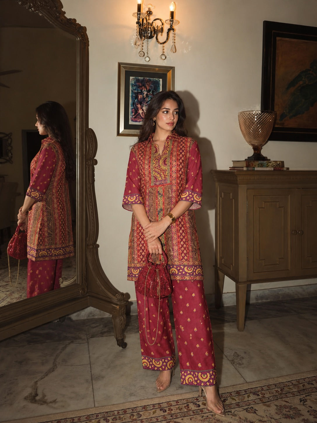 Pink Raspberry Printed Crepe Silk Co-Ord Set