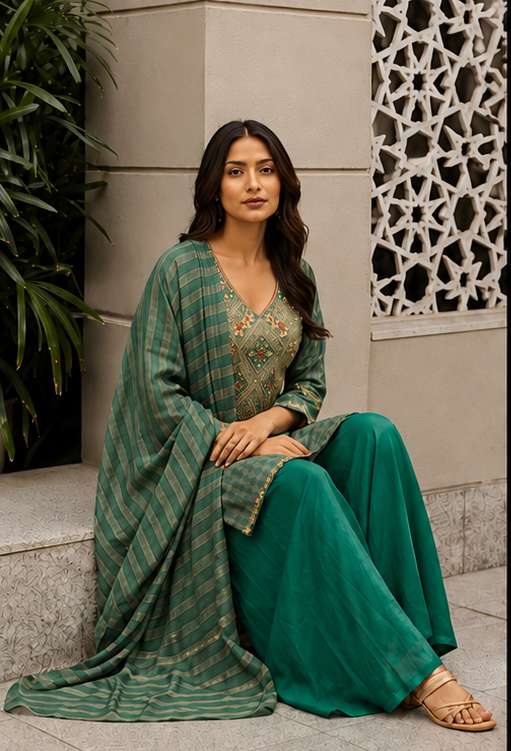 Green Muse Embellished Shimmer Tissue Silk Palazzo Set