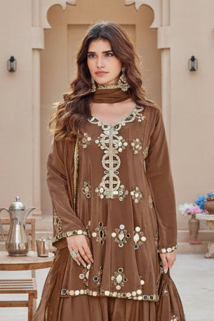 Fawn Brown Embellished Crepe Silk Salwar Set