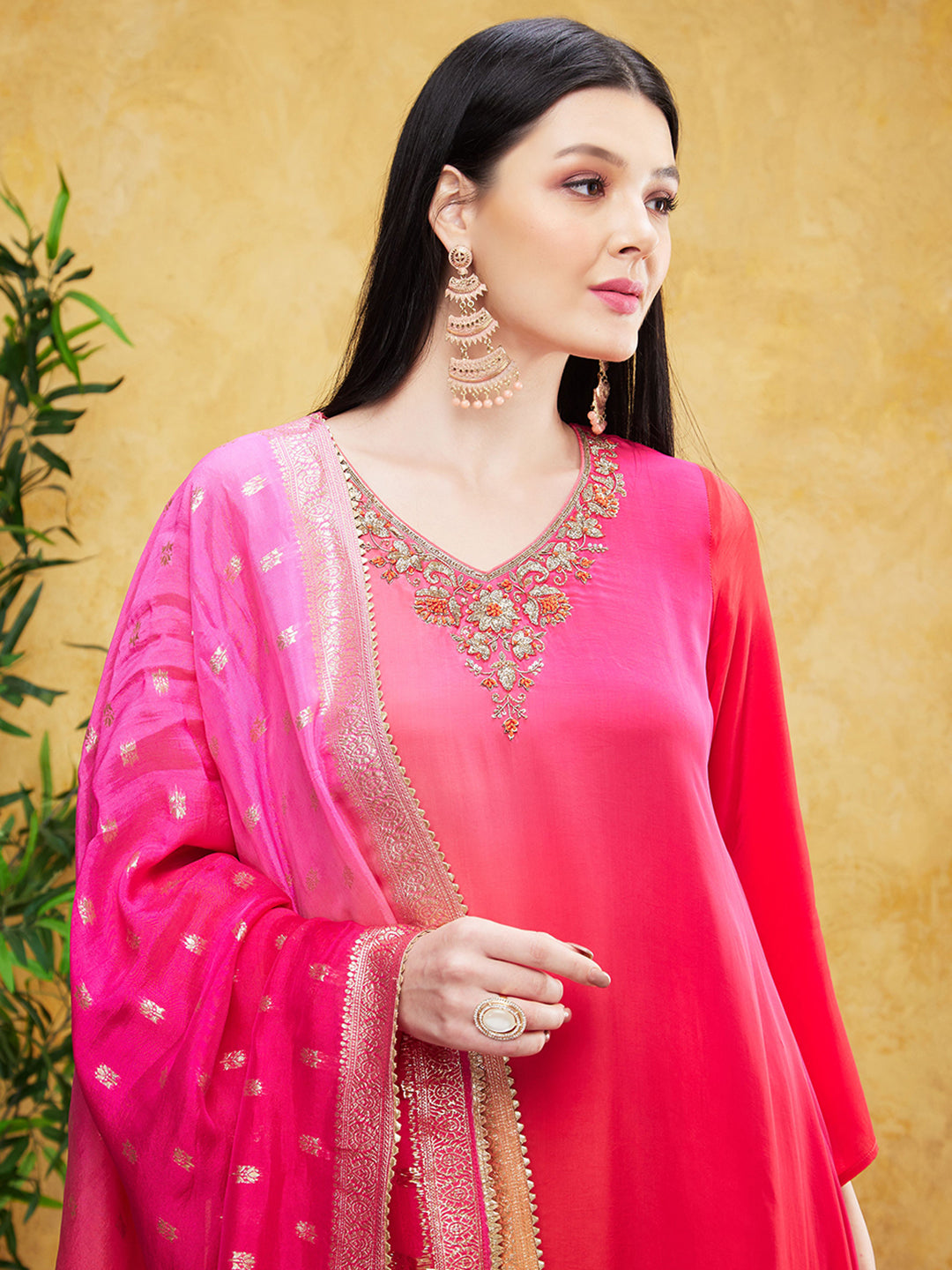 Hot Pink Ombre-Dyed Spanish Silk Pants Set