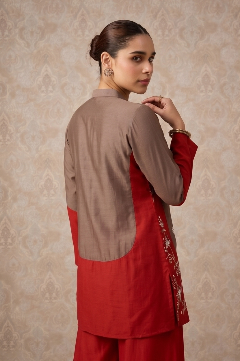 Taupe Brown Embellished Crepe Silk Co-ord Set