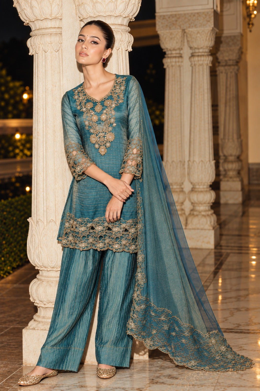 Ocean Blue Embellished Shimmer Tissue Silk Pant Set