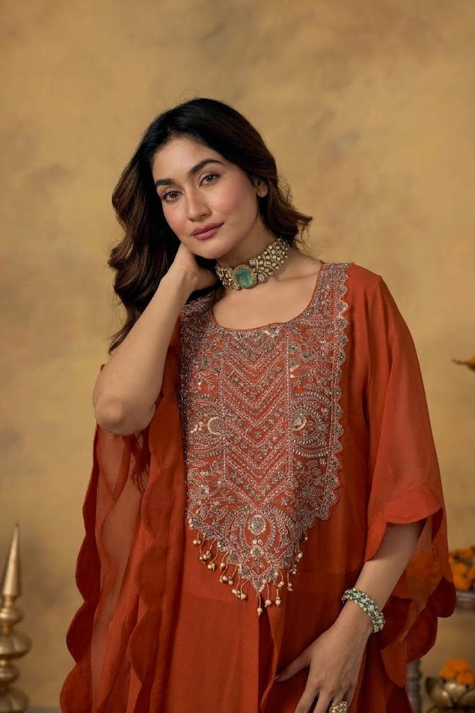 Rust Red Embellished Organza Silk Kaftan Set