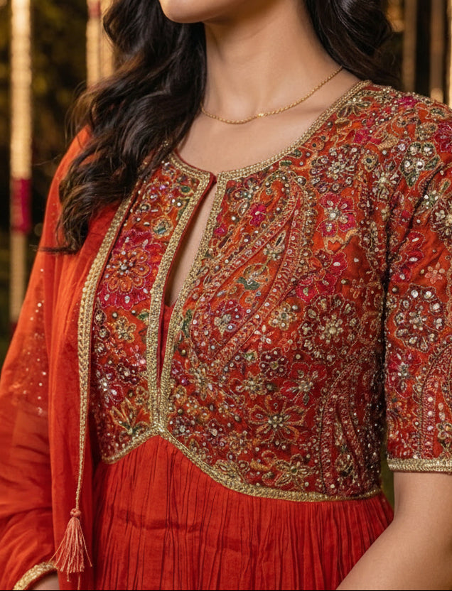 Zest Orange Embellished Georgette Silk Anarkali Set