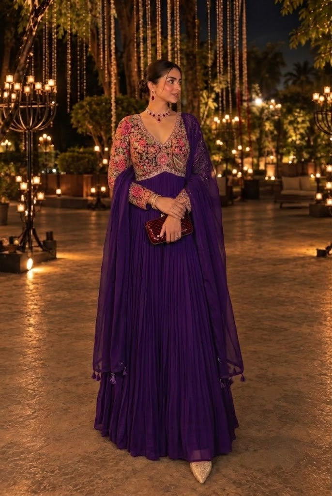 Royal Deep Purple Embellished Georgette Silk Anarkali Set