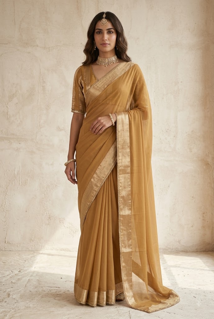 Mustard Ochre Gold Embellished Pure Chiffon Saree