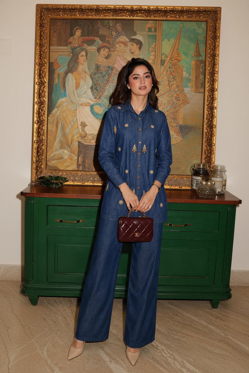 Capri Blue Embellished Denim Co-Ord Set