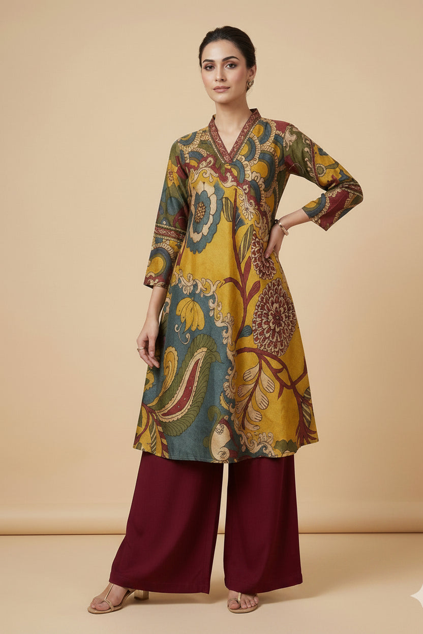 Mustard Gold Printed Premium Crepe Silk Kurta Set
