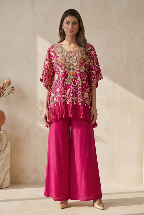 Bright Rani Pink Embellished Chinon Silk Kaftan Set