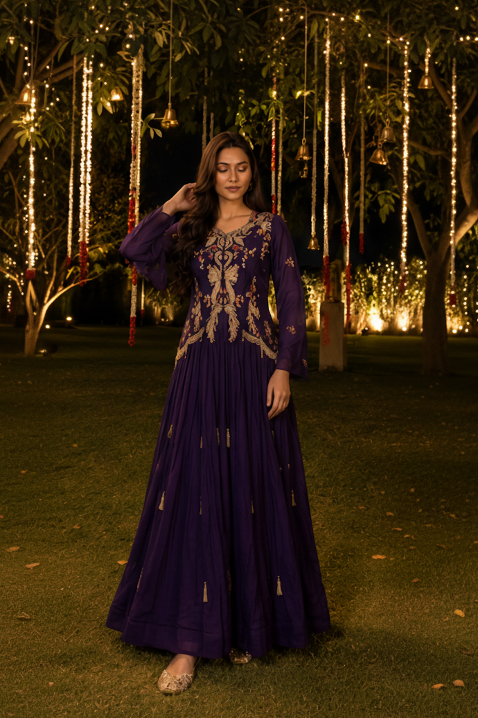Dark Purple Embellished Crepe Silk Skirt Set