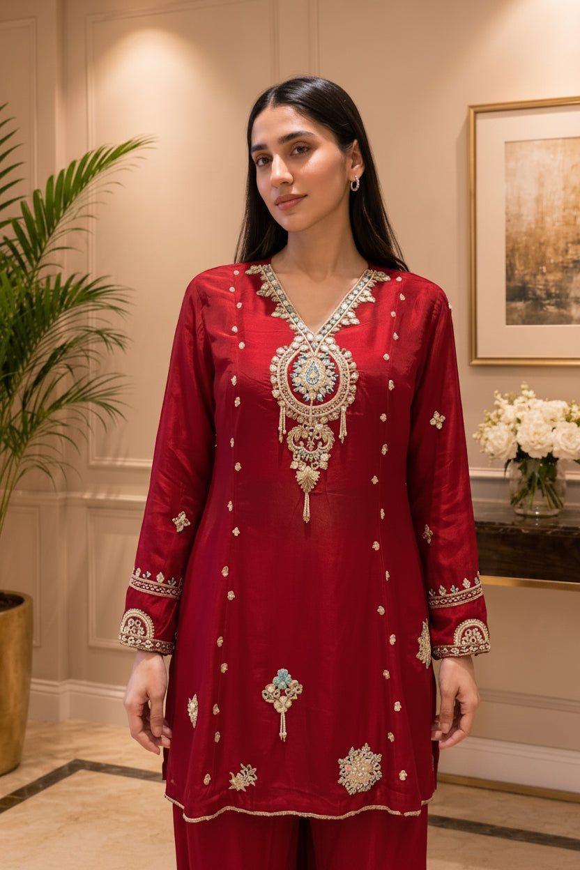 Red Cardinal Embellished Crepe Silk Sharara Set