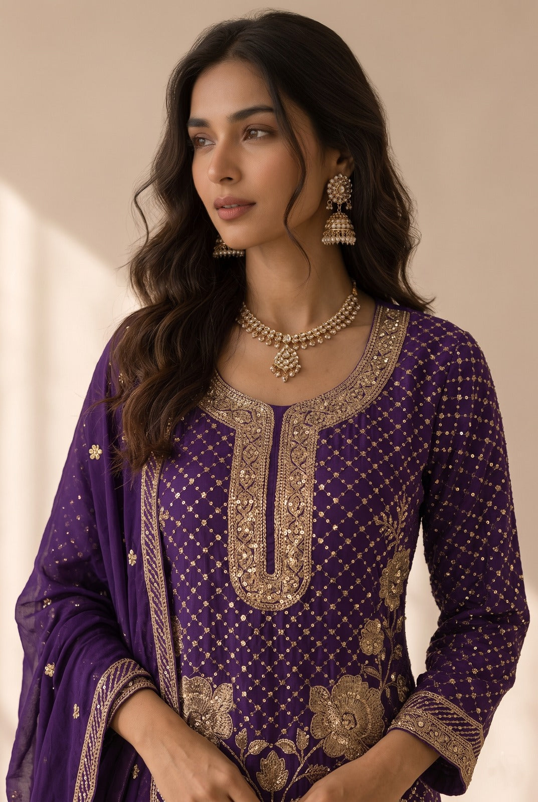 Regal Purple Embellished Georgette Silk Palazzo Set