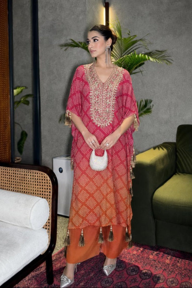 Pink Ombre Embroidered Crepe Silk Kaftan Set