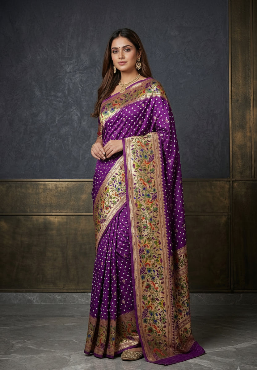 Royal Purple Bandhej Printed Premium Silk Saree