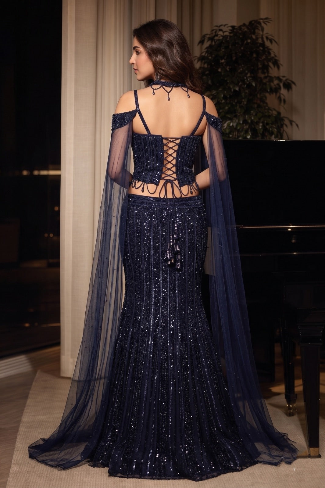 Navy Regal Embellished Premium Net Lehenga Set