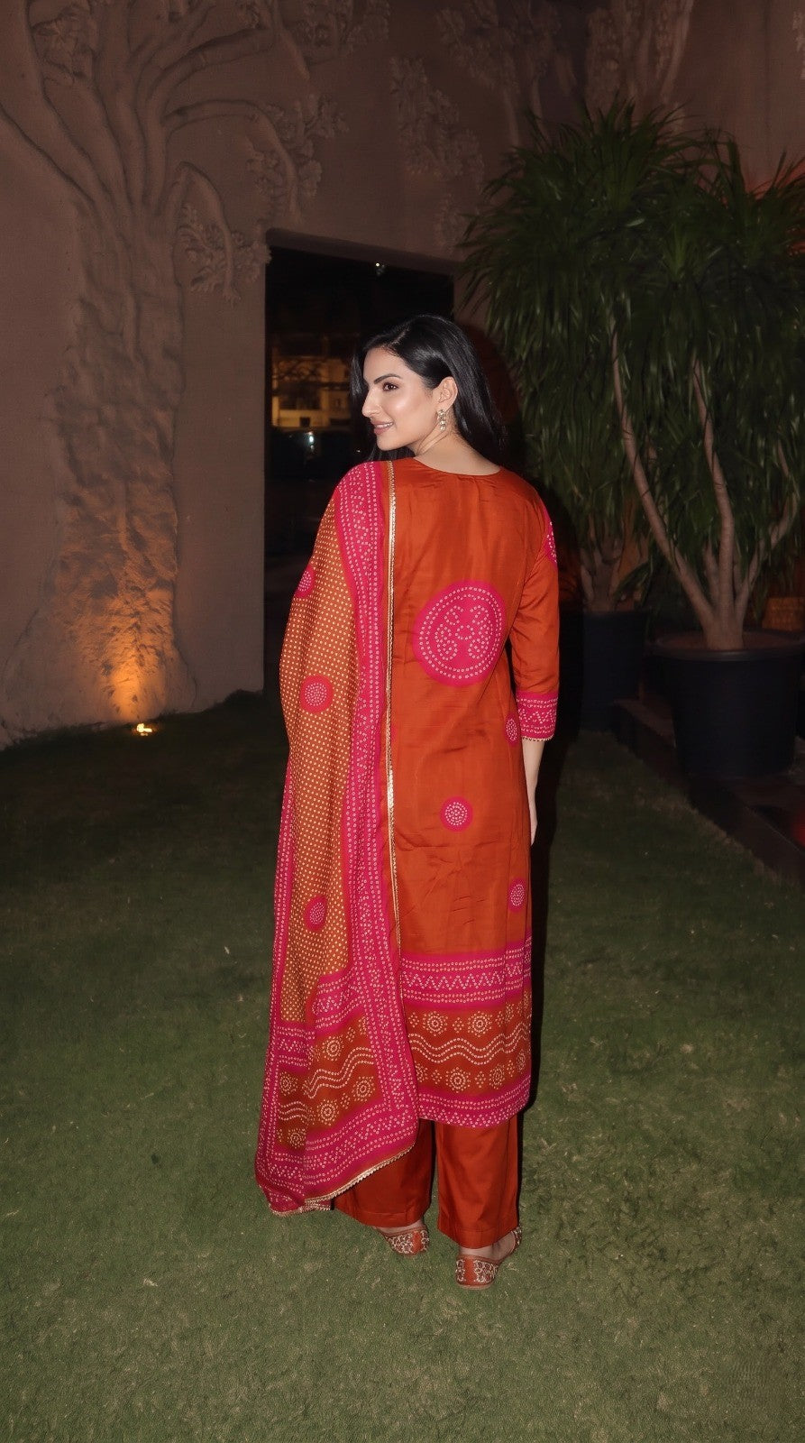 Rust Orange Embellished Crepe Silk Palazzo Set