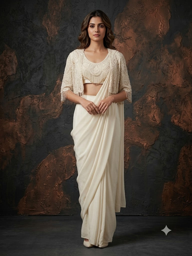 Ivory Embellished Soft Georgette Pre-Draped Saree