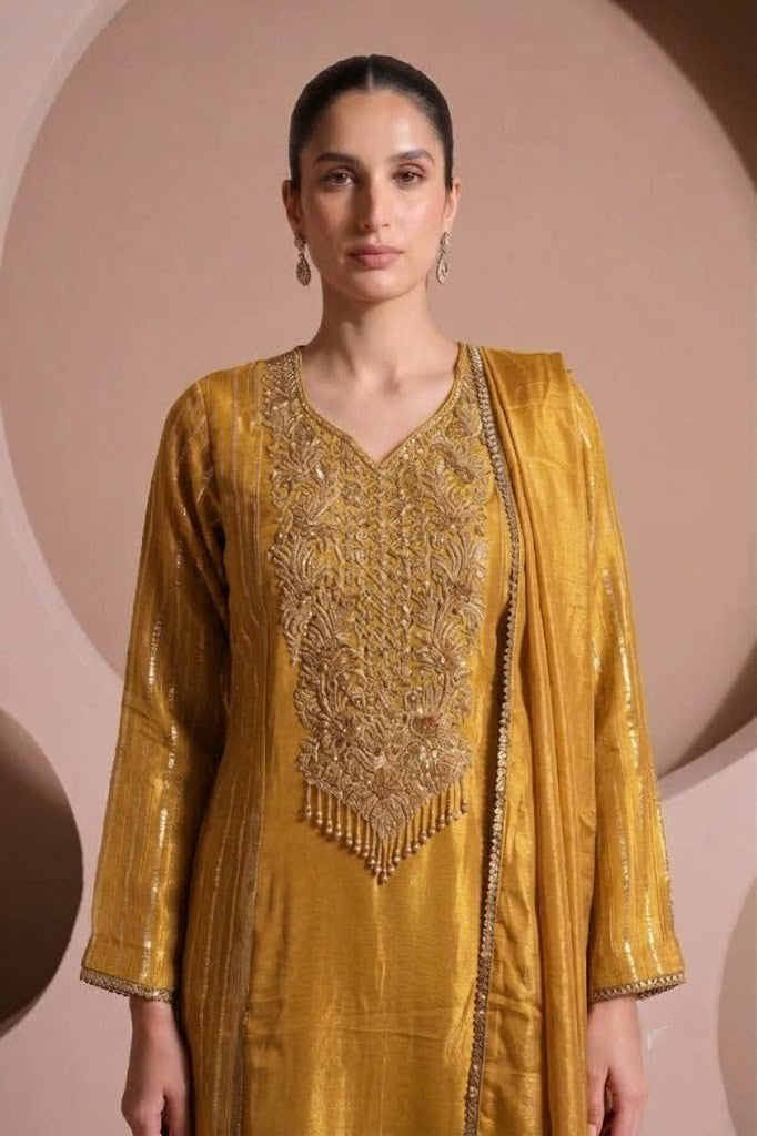 Golden Yellow Embellished Shimmer Silk Pant Set