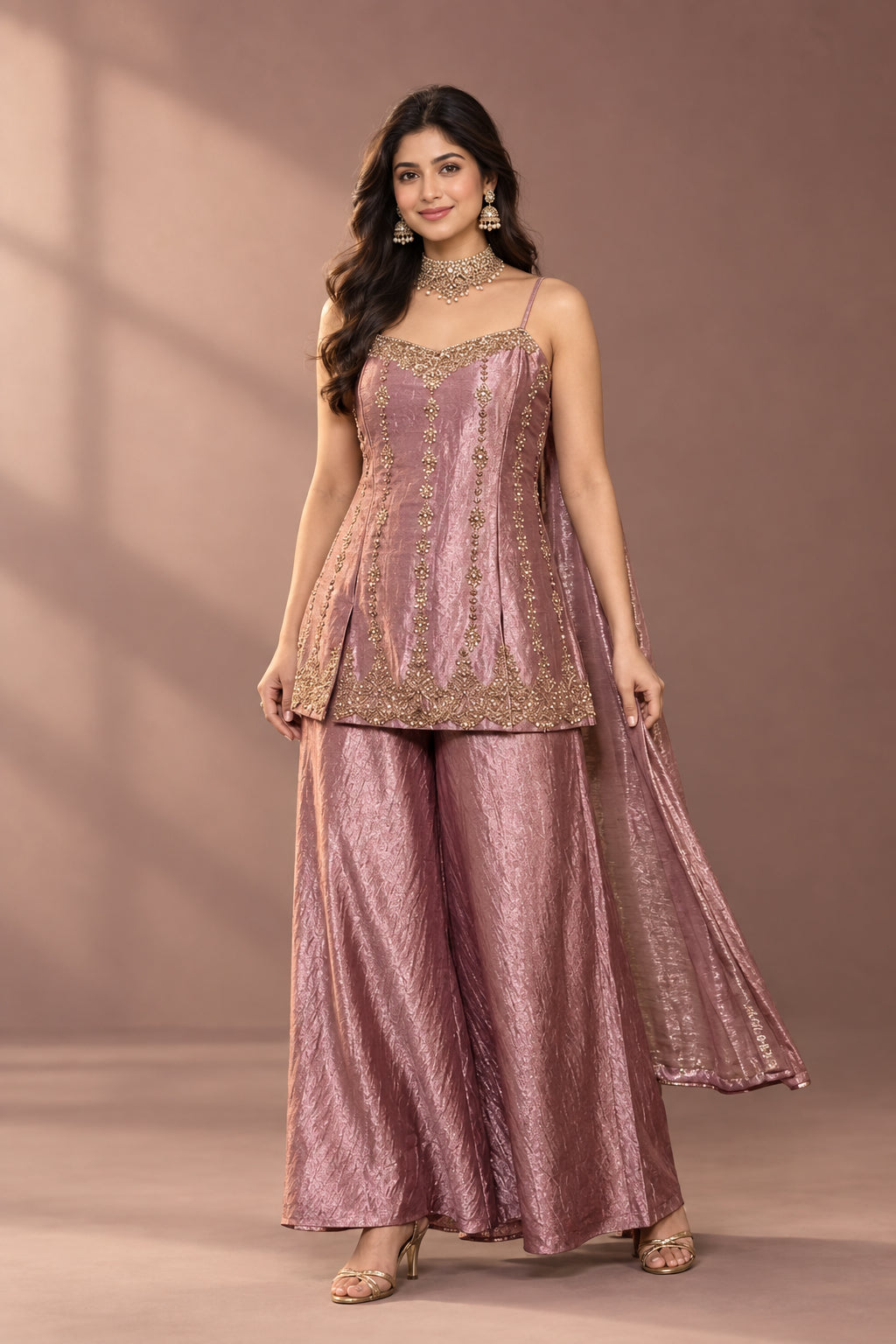 Rose Pink Embellished Shimmer Silk Palazzo Set