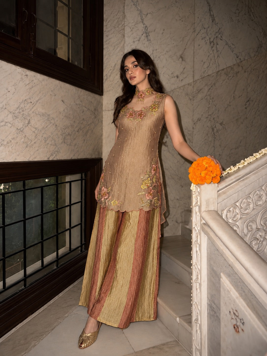 Rose Champagne Embellished Shimmer Tissue Silk Palazzo Set