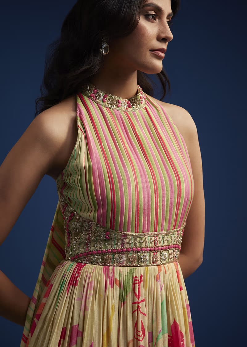 Yellow Floral Printed Chinon Silk Gown