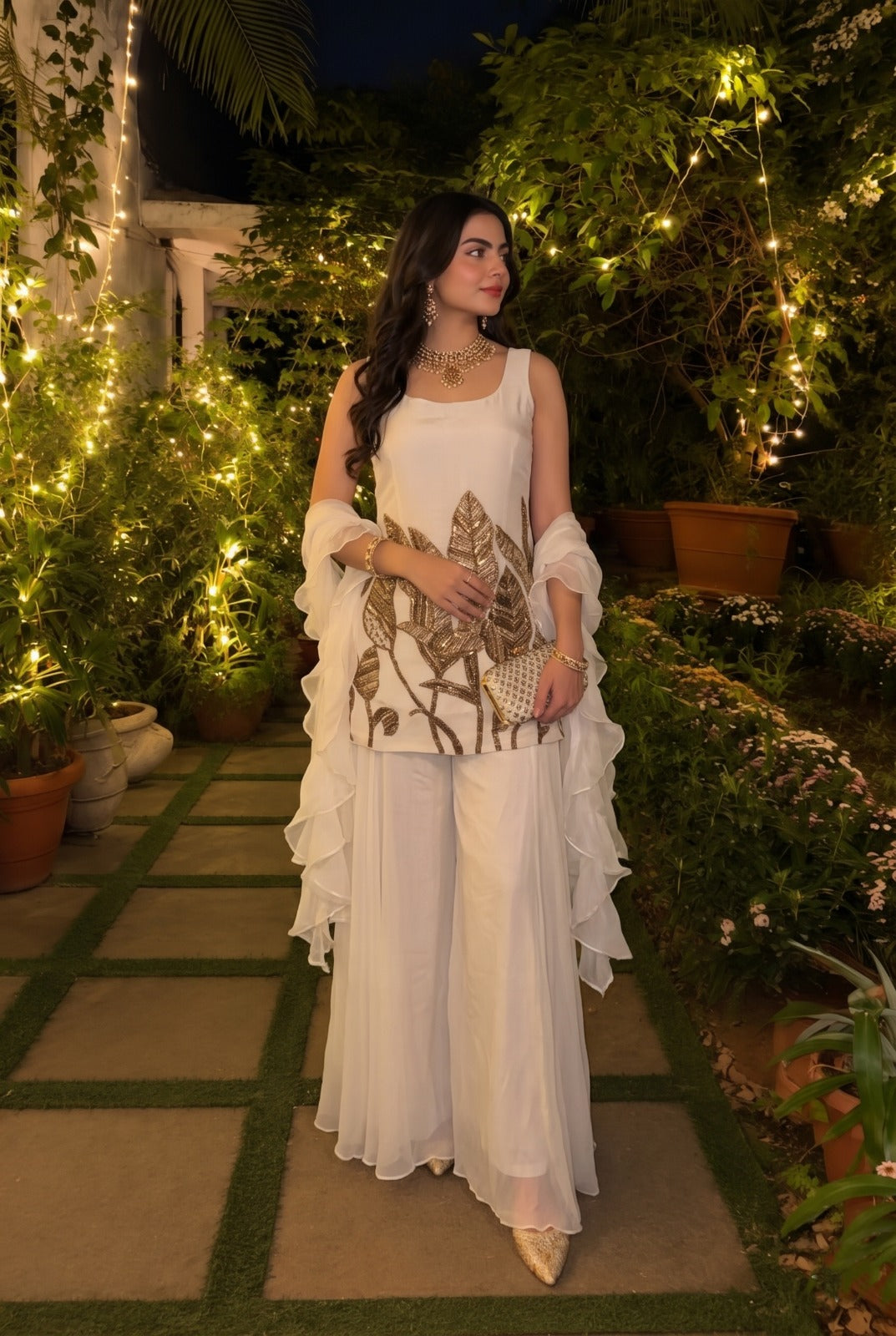 Regal White Embellished Chinon Silk Palazzo Set
