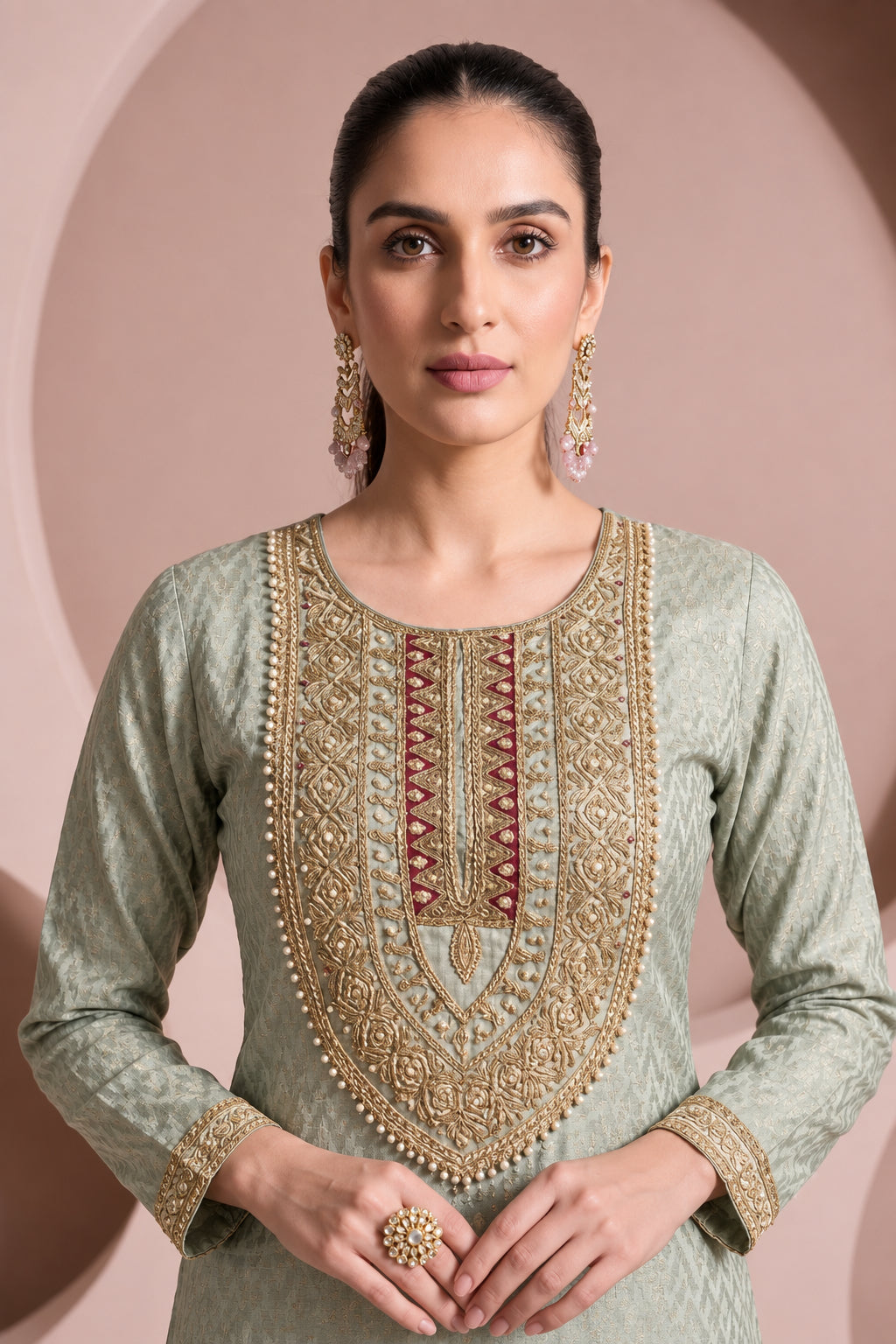 Dusty Blue Embellished Brocade Silk Pant Set