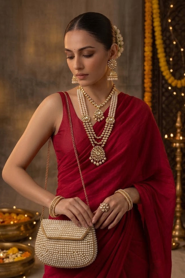 Pearl & Gold Embellished Clutch Bag