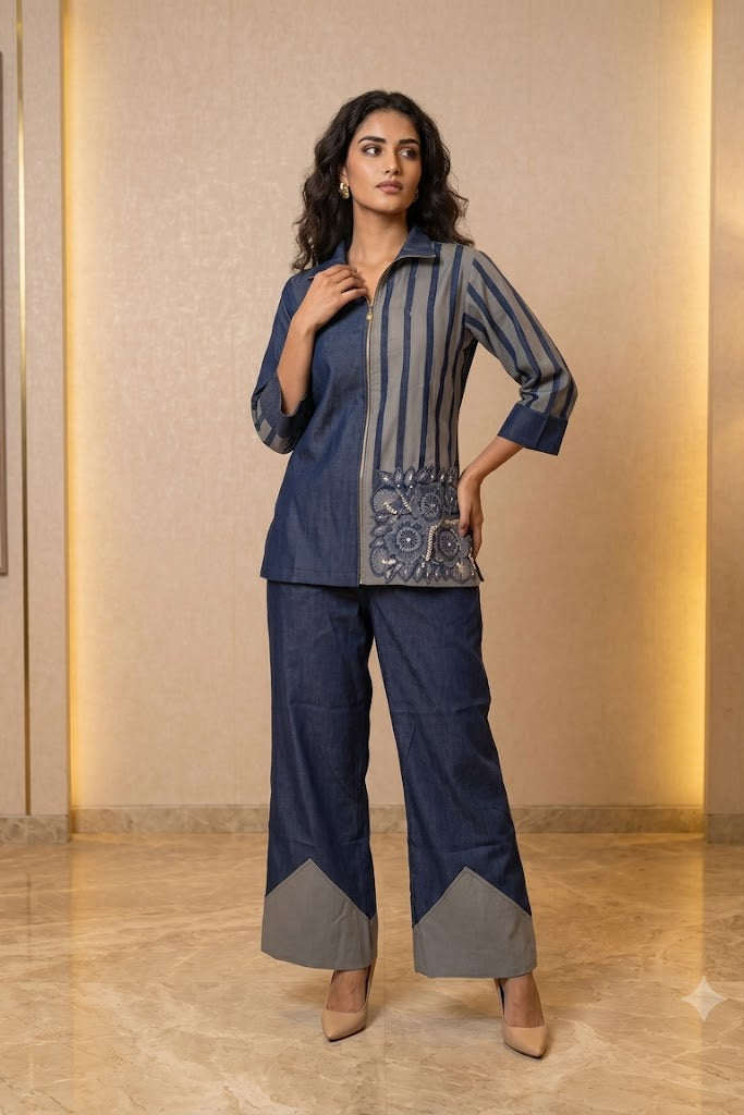 Denim Striped Embellished Co-Ord Set