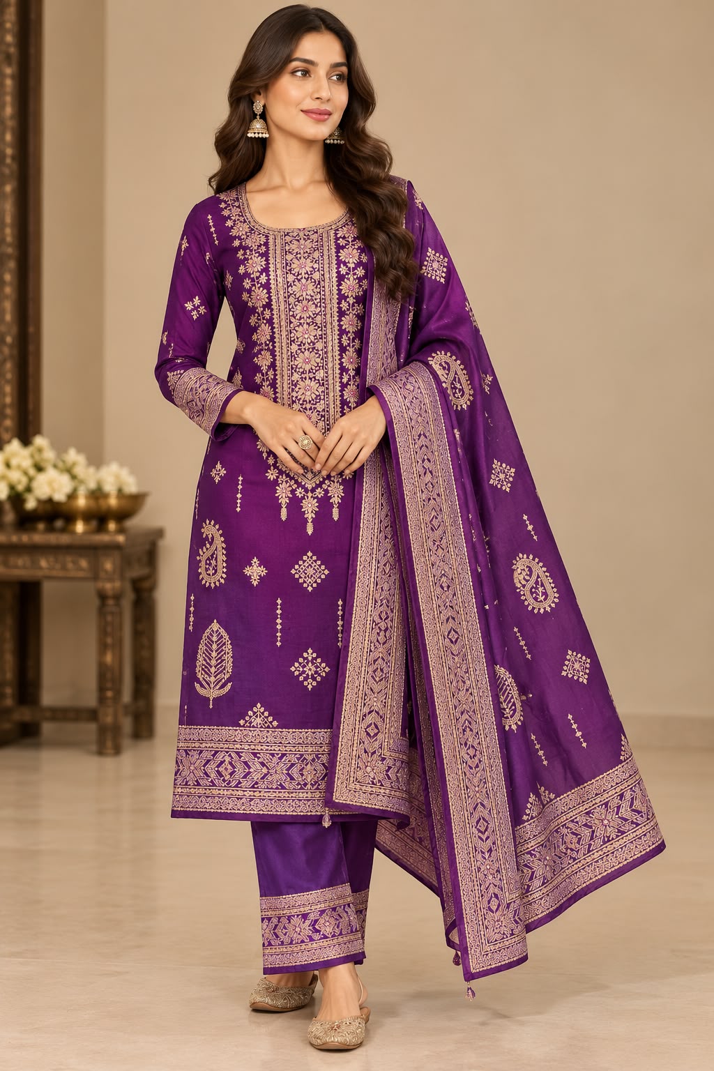 Deep Purple Embellished Viscose Silk Unstitched Suit Set