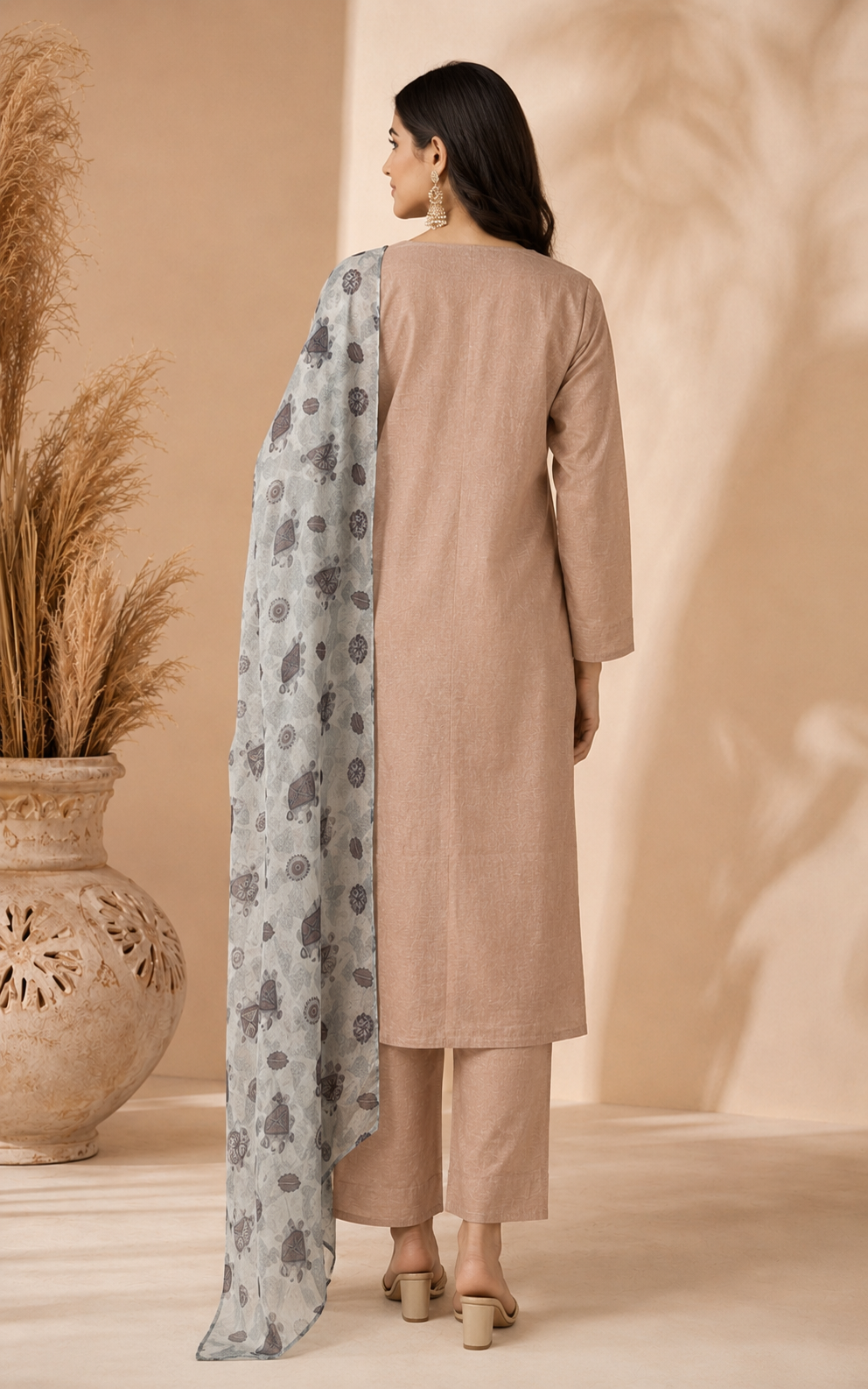 Dusty Taupe Embroidered Jamdani Silk Pant Set