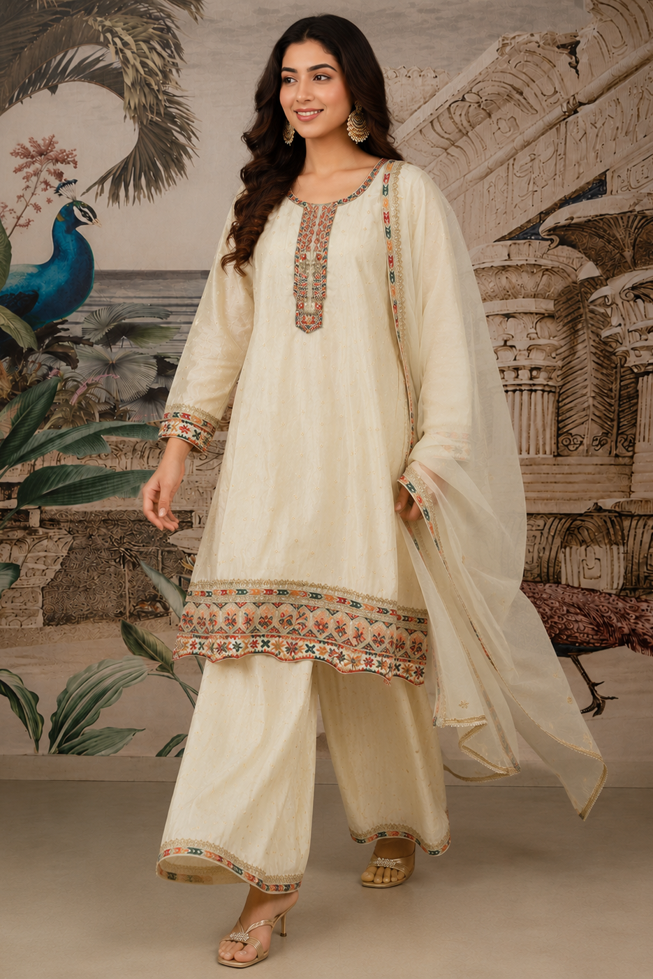 Vanilla Embroidered Shimmer Tissue Silk Palazzo Set