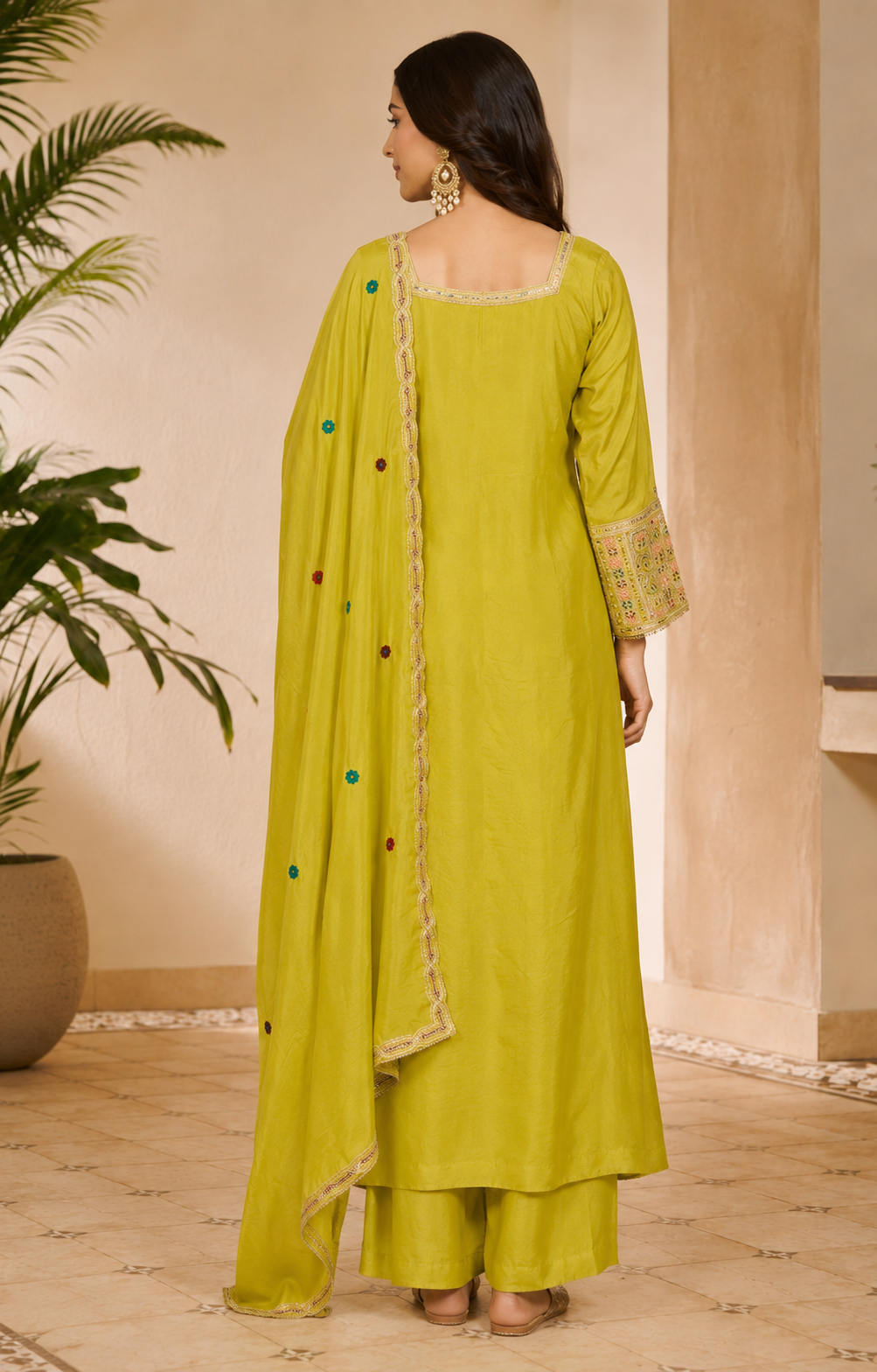Lime Green Embroidered Russian Silk Pant Set