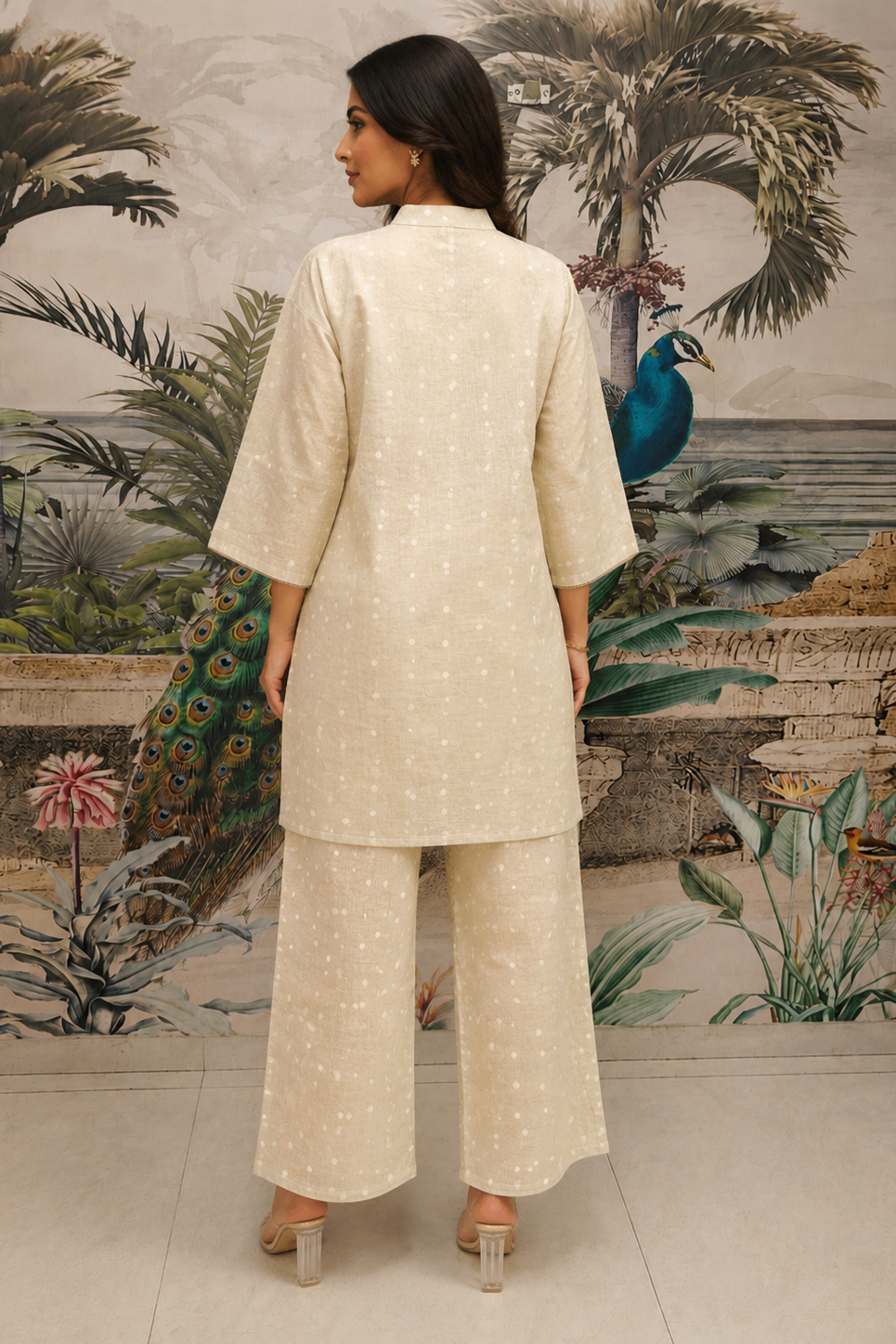 Beige Embroidered Jacquard Silk Co-Ord Set