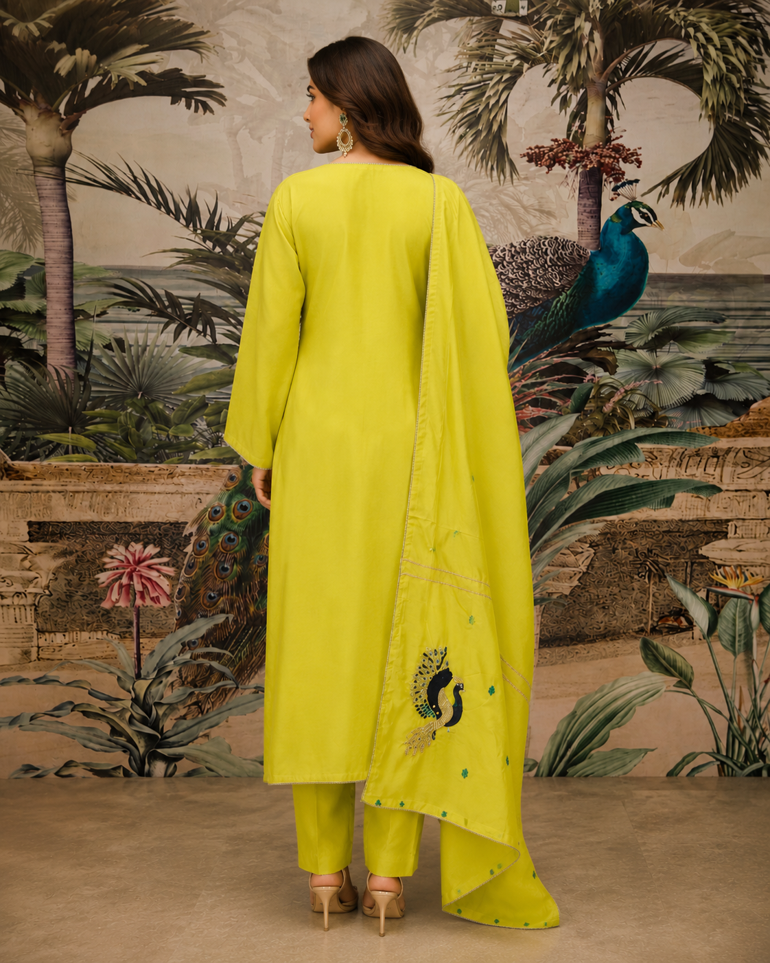 Lime Green Embroidered Viscose Crepe Pant Set