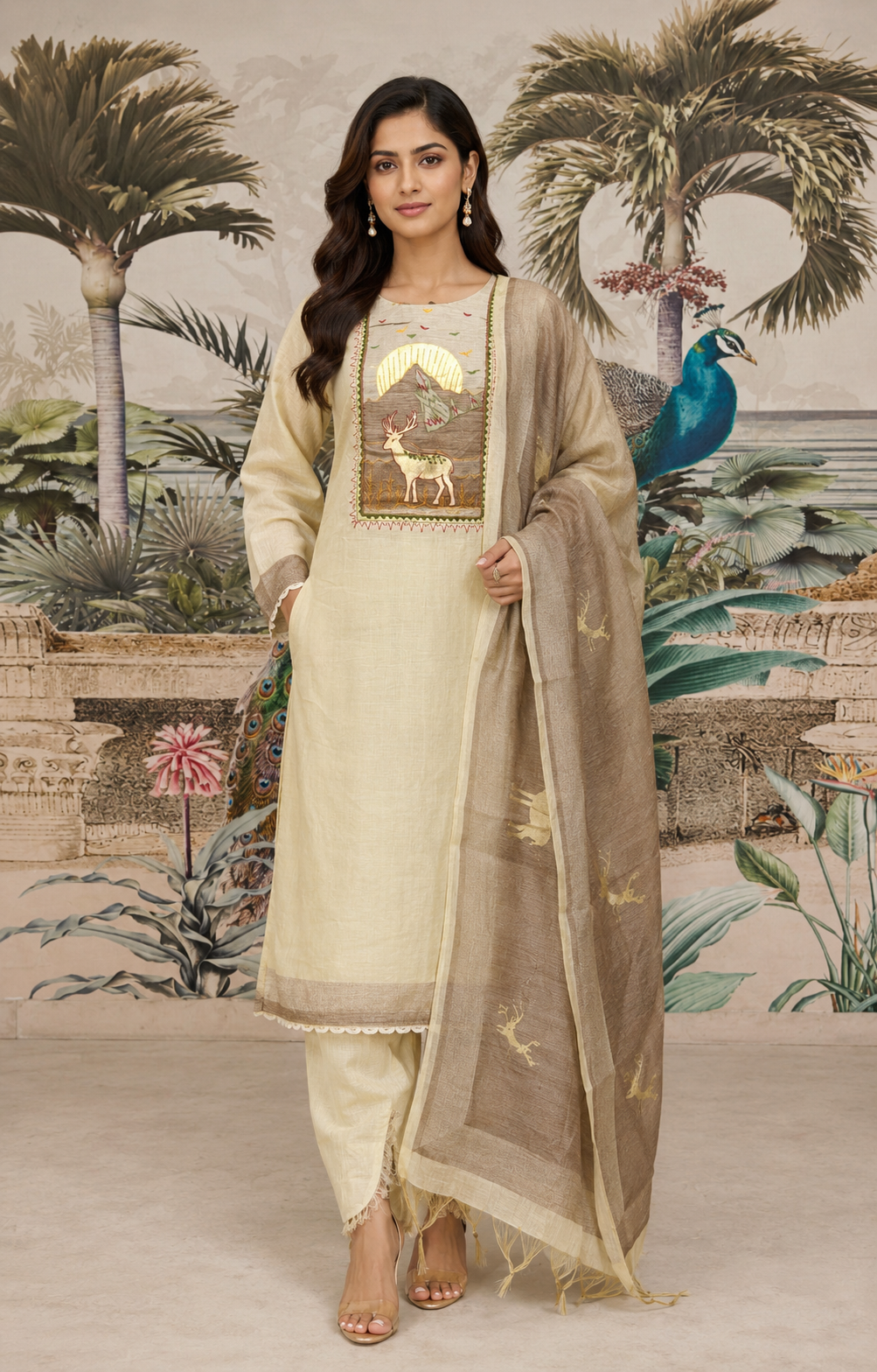 Cream Printed Jamdani Silk Pant Set