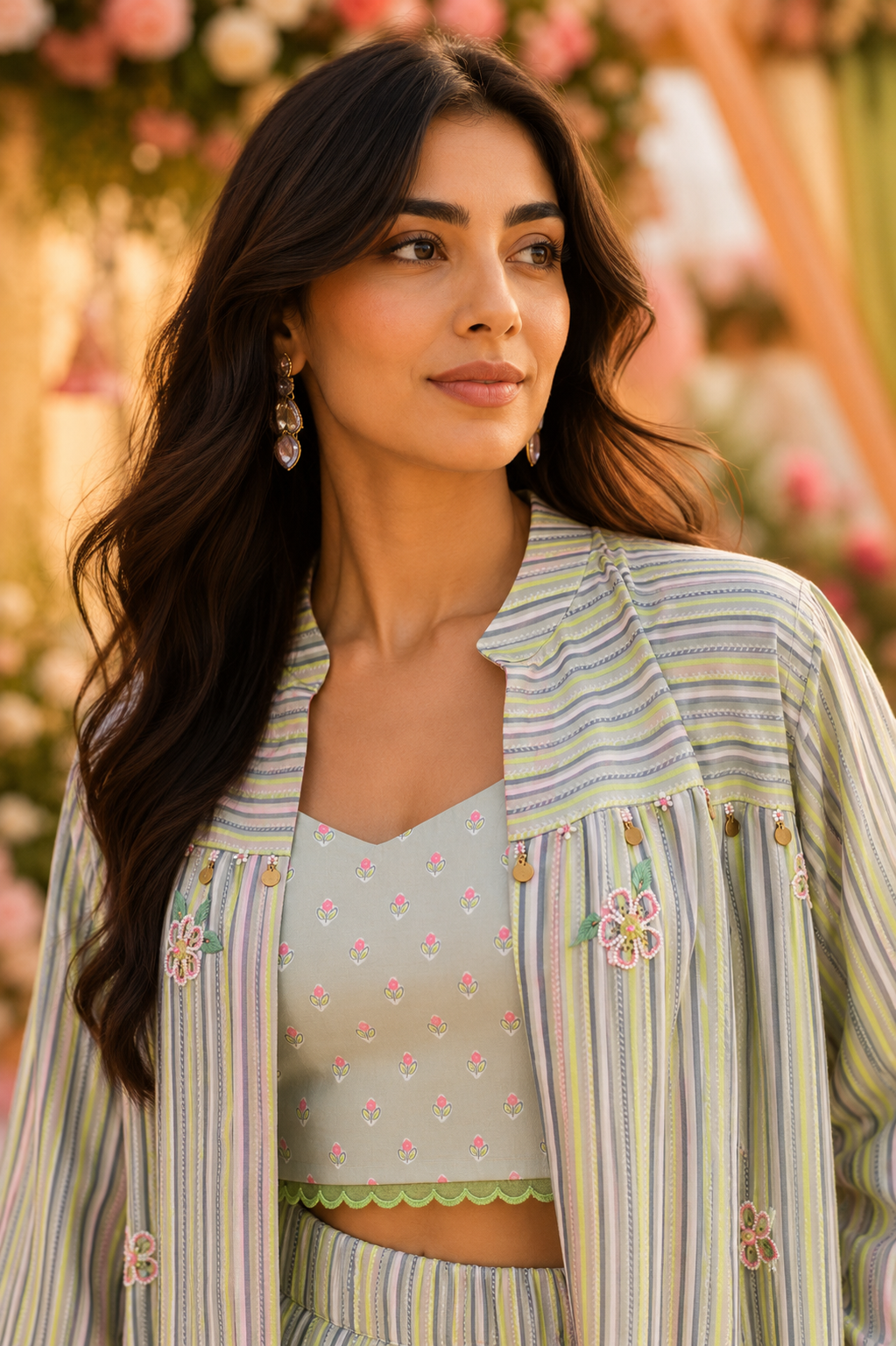 Pastel Sage Mist Printed Satin Silk Jacket Co-Ord Set