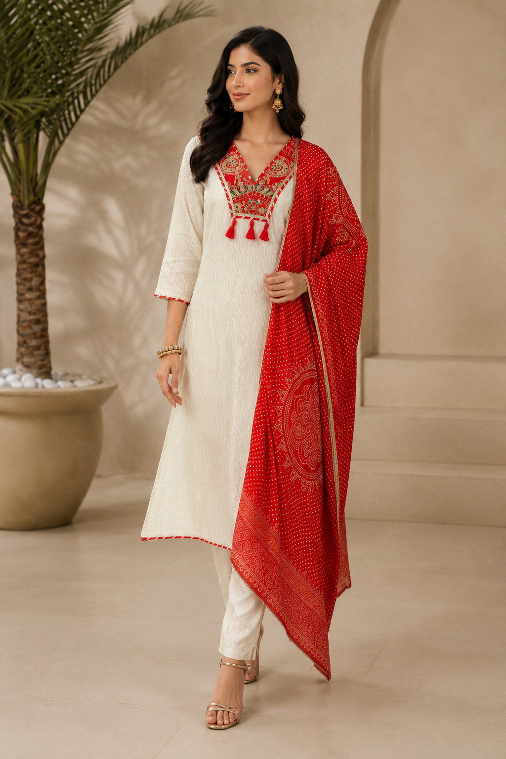 White Crimson Printed Shimmer Silk Pant Set