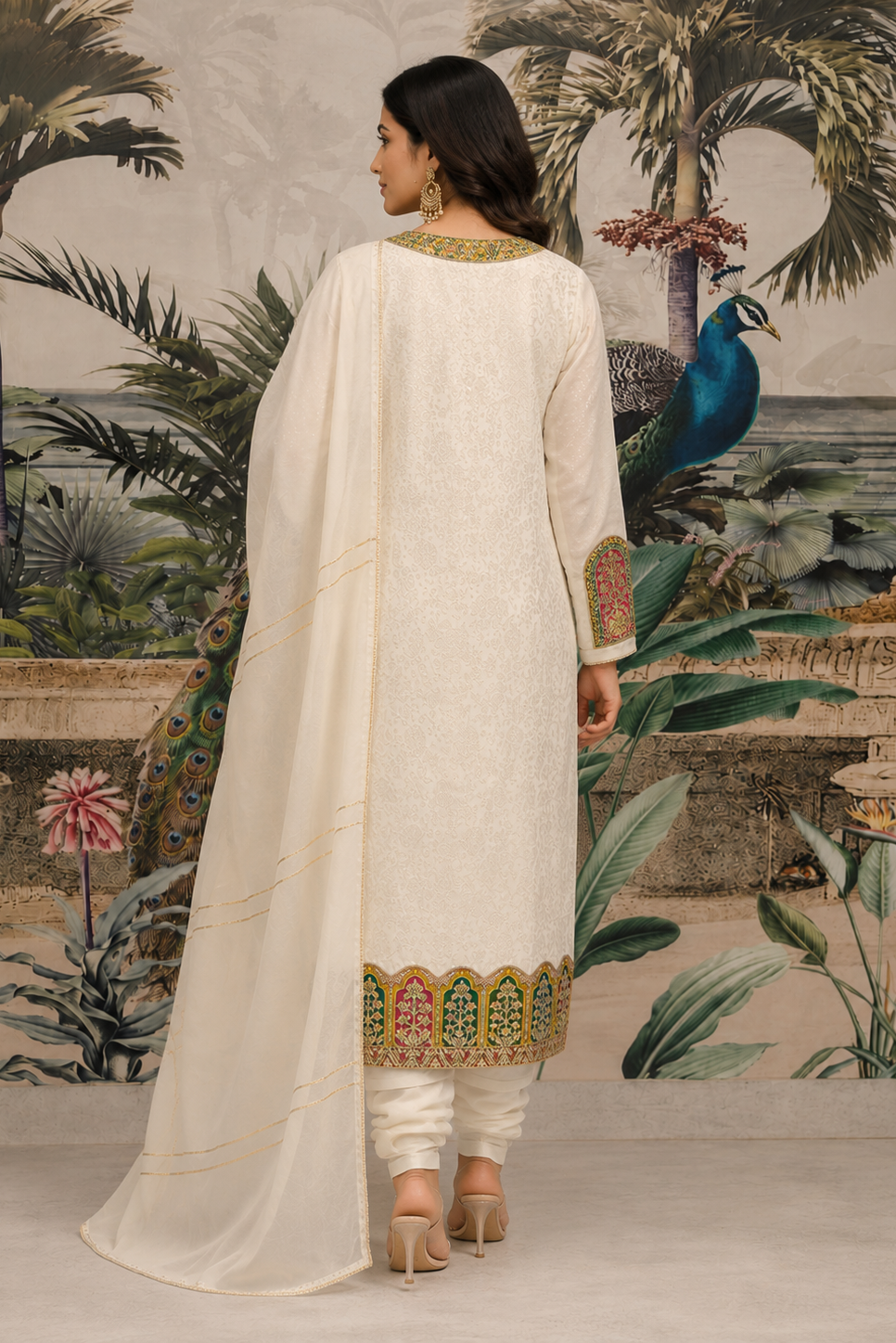 Ivory Embroidered Shimmer Jacquard Silk Pant Set