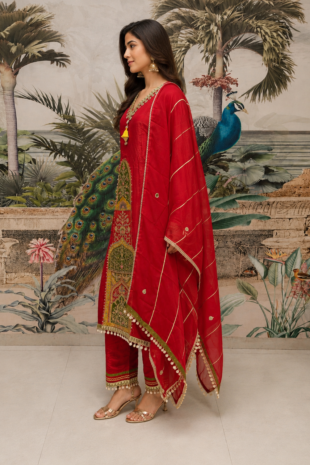 Crimson Red Embroidered Viscose Crepe Pant Set