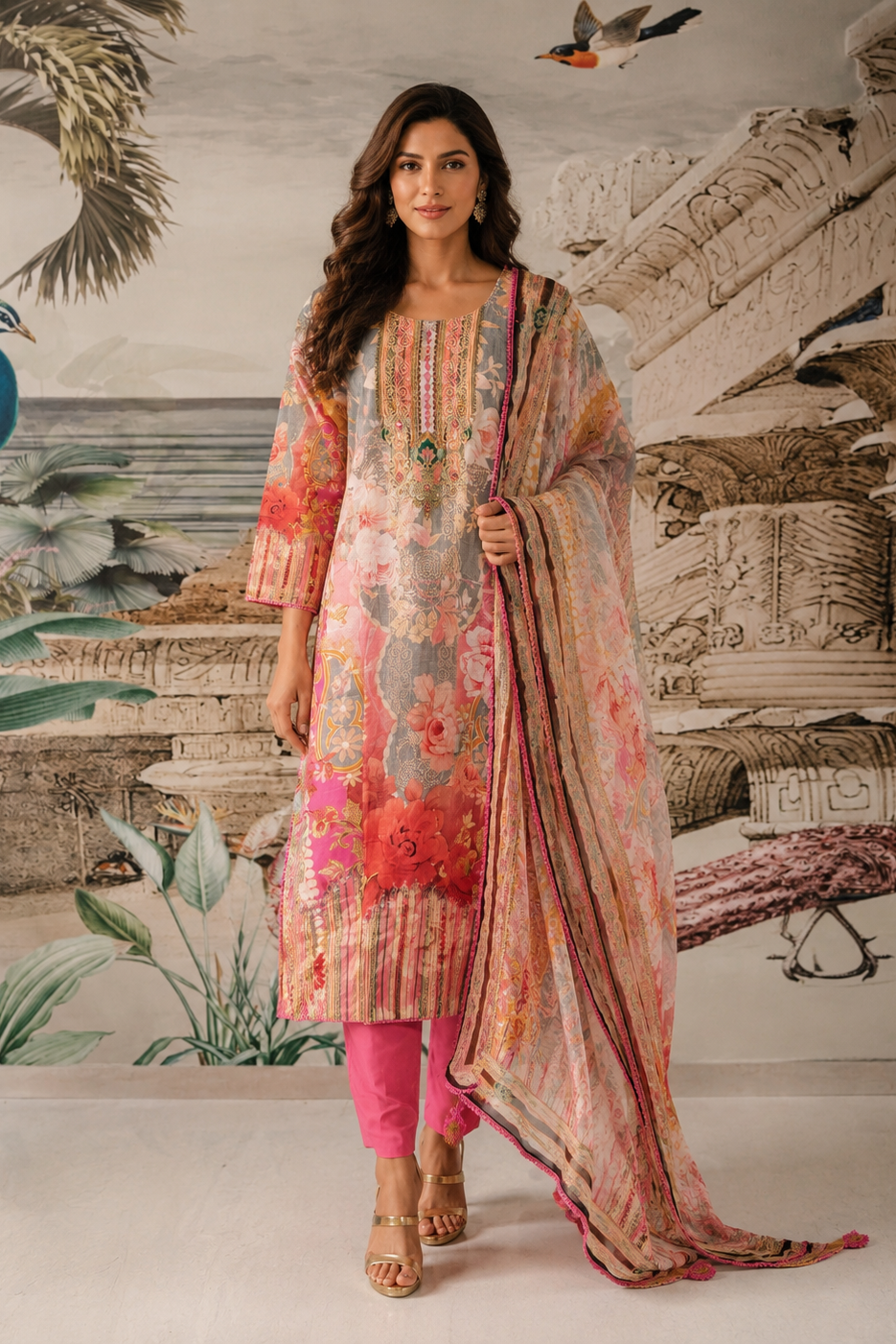 Multicolor Floral Printed Cotton Pant Set