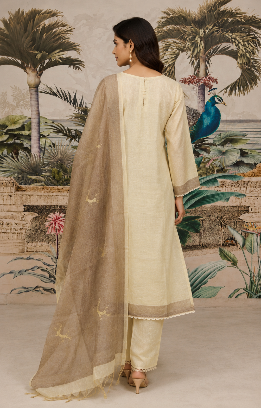 Cream Printed Jamdani Silk Pant Set