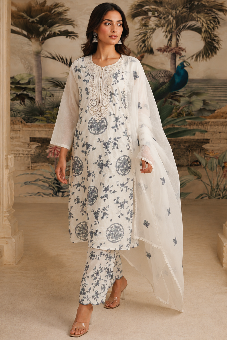 Off White Floral Embroidered Cotton Pant Set