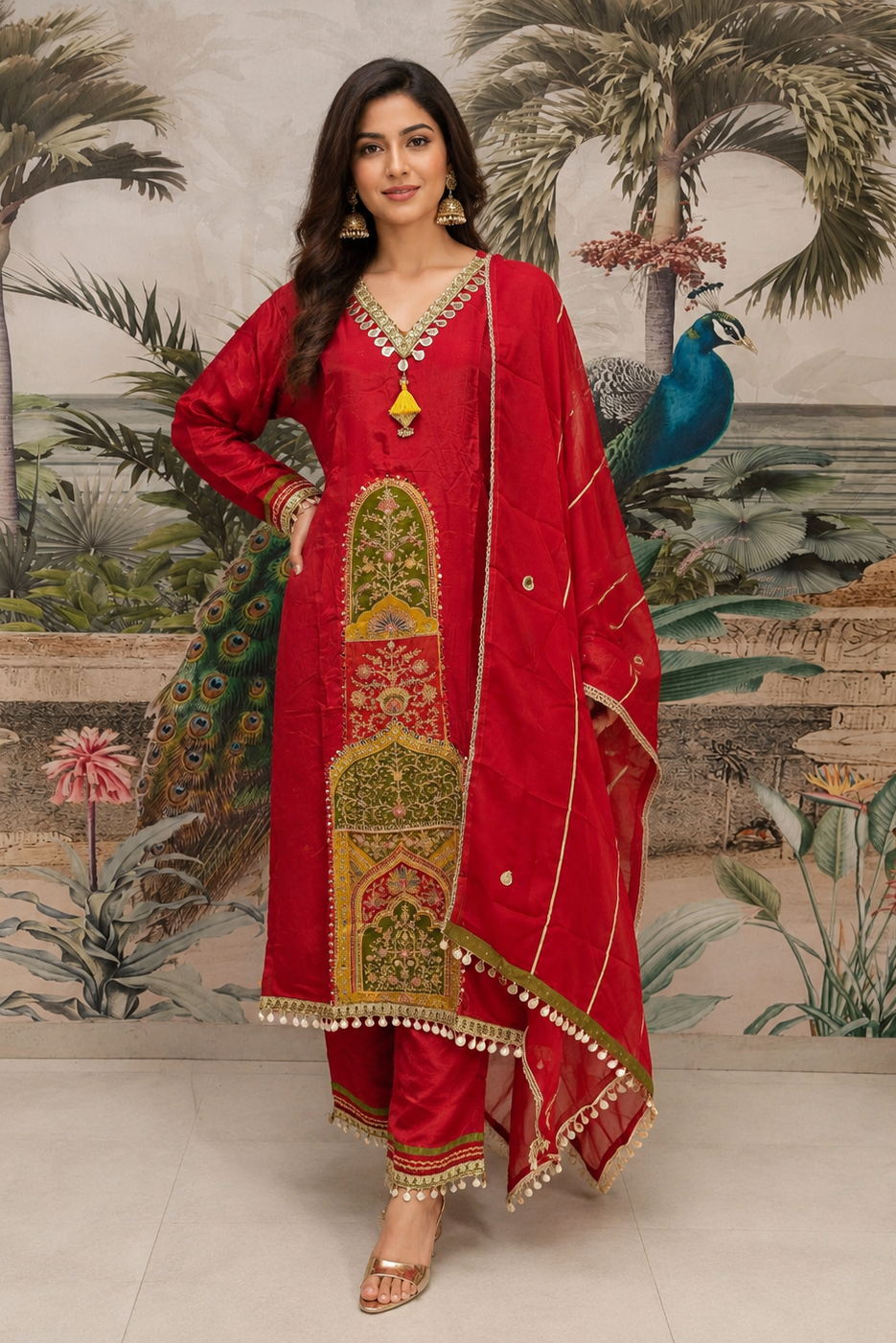 Crimson Red Embroidered Viscose Crepe Pant Set