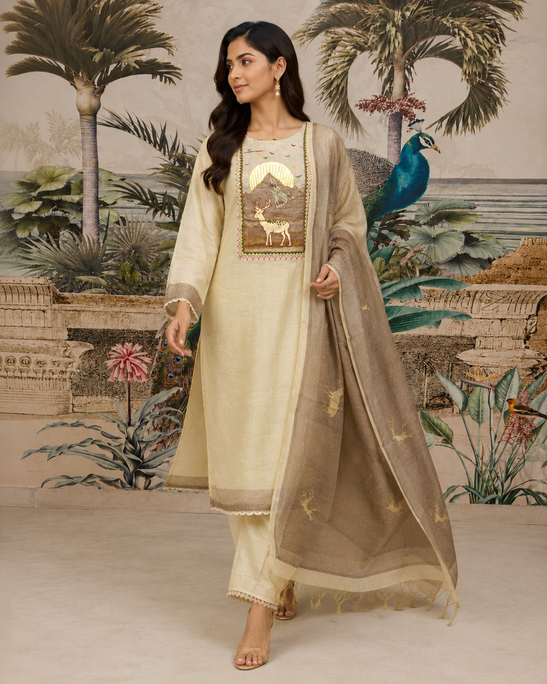 Cream Printed Jamdani Silk Pant Set