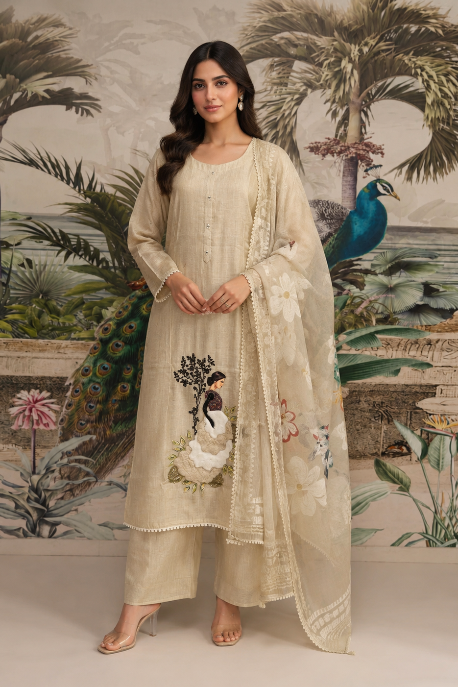 Bloom Beige Embroidered Jamdani Silk Pant Set
