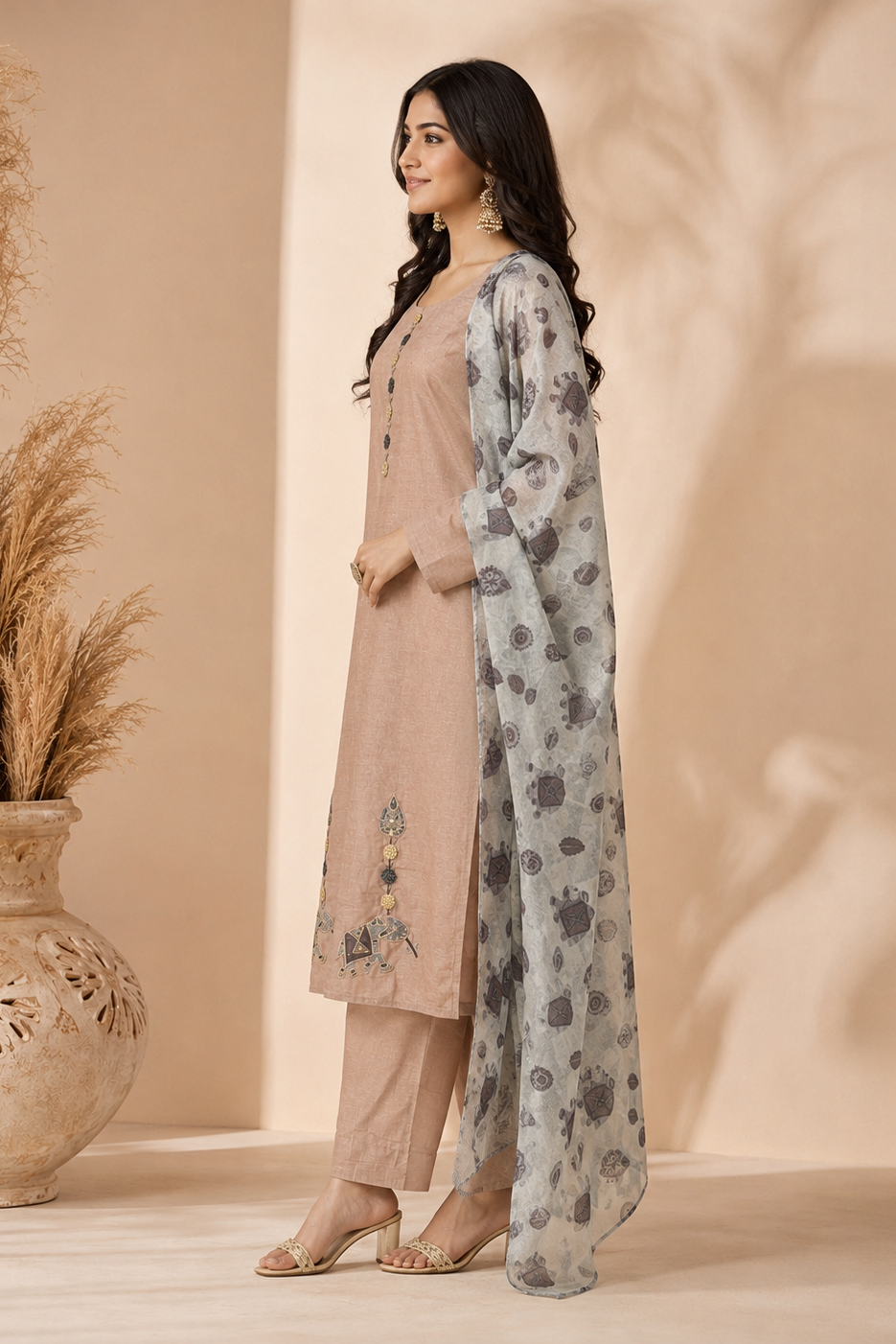 Dusty Taupe Embroidered Jamdani Silk Pant Set