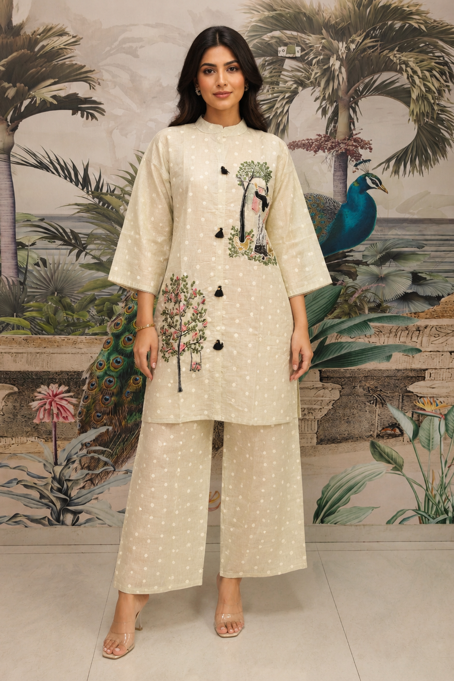 Beige Embroidered Jacquard Silk Co-Ord Set