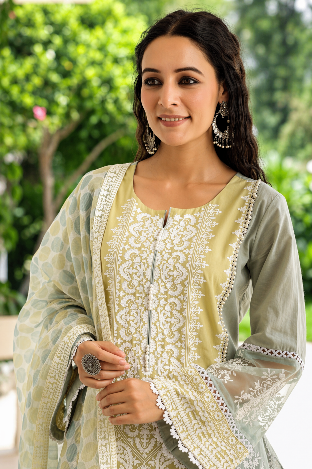 Sage Citron Embroidered Mul Cotton Pant Set