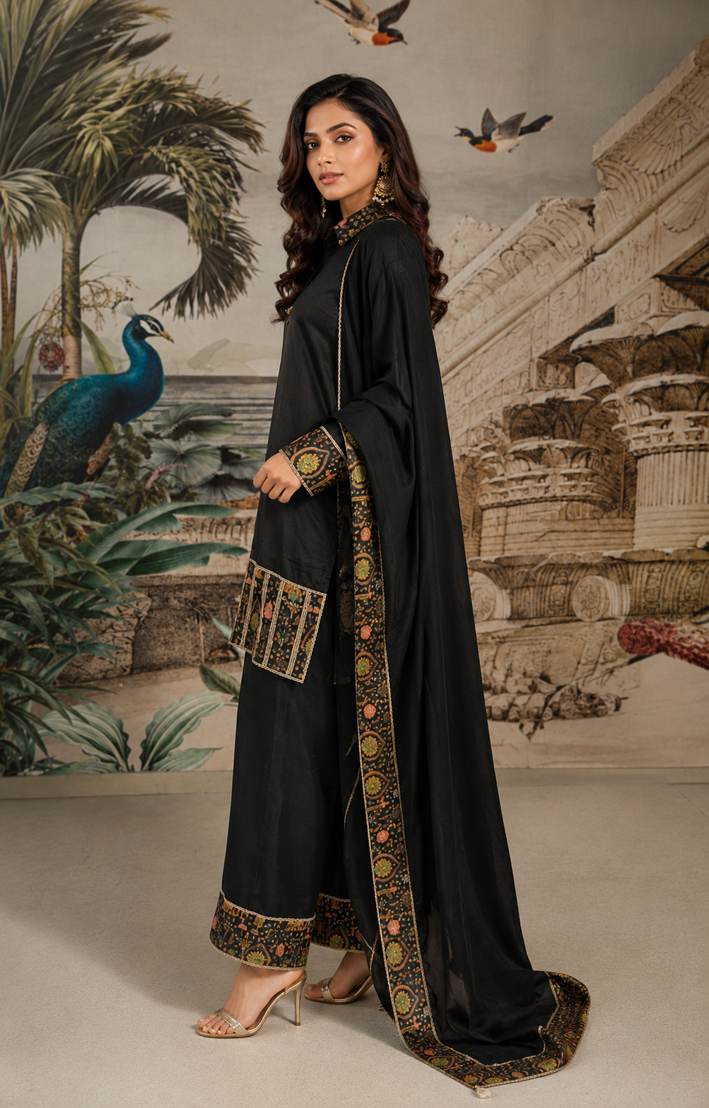 Black Embroidered Viscose Crepe Silk Pant Set